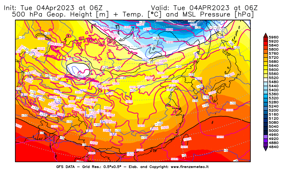 GFS analysi map - Geopotential [m] + Temp. [°C] at 500 hPa + Sea Level Pressure [hPa] in East Asia
									on 04/04/2023 06 <!--googleoff: index-->UTC<!--googleon: index-->