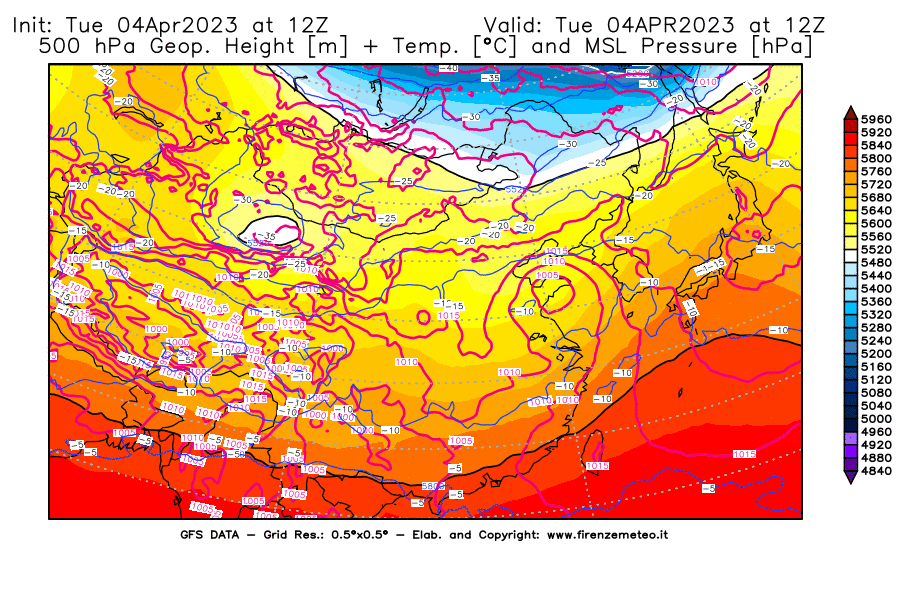 Mappa di analisi GFS - Geopotenziale [m] + Temp. [°C] a 500 hPa + Press. a livello del mare [hPa] in Asia Orientale
							del 04/04/2023 12 <!--googleoff: index-->UTC<!--googleon: index-->