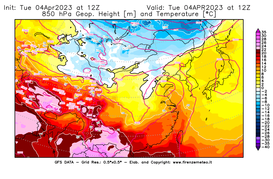GFS analysi map - Geopotential [m] and Temperature [°C] at 850 hPa in East Asia
									on 04/04/2023 12 <!--googleoff: index-->UTC<!--googleon: index-->