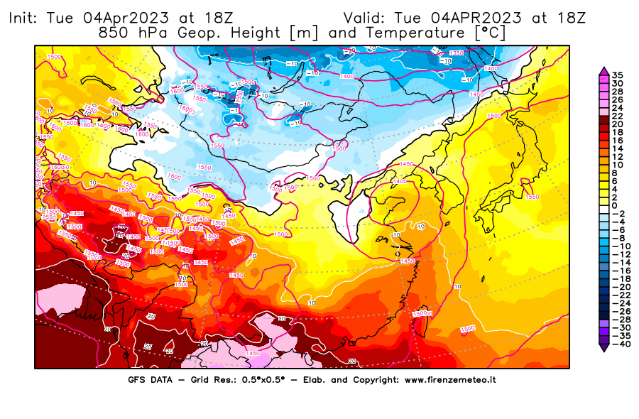 GFS analysi map - Geopotential [m] and Temperature [°C] at 850 hPa in East Asia
									on 04/04/2023 18 <!--googleoff: index-->UTC<!--googleon: index-->