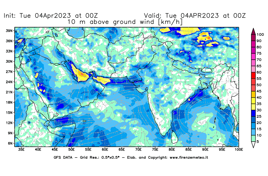 Mappa di analisi GFS - Velocità del vento a 10 metri dal suolo [km/h] in Asia Sud-Occidentale
							del 04/04/2023 00 <!--googleoff: index-->UTC<!--googleon: index-->