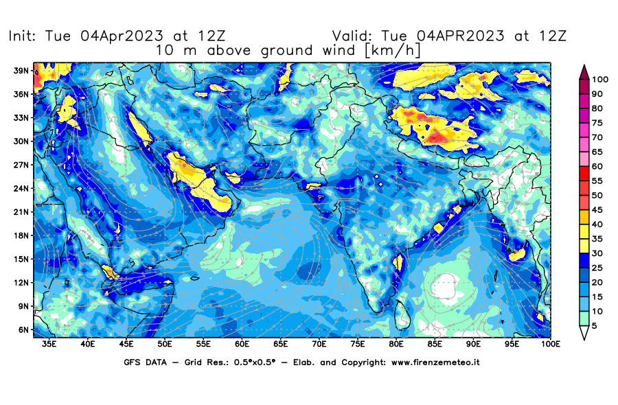 Mappa di analisi GFS - Velocità del vento a 10 metri dal suolo [km/h] in Asia Sud-Occidentale
							del 04/04/2023 12 <!--googleoff: index-->UTC<!--googleon: index-->