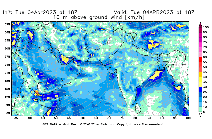 Mappa di analisi GFS - Velocità del vento a 10 metri dal suolo [km/h] in Asia Sud-Occidentale
							del 04/04/2023 18 <!--googleoff: index-->UTC<!--googleon: index-->