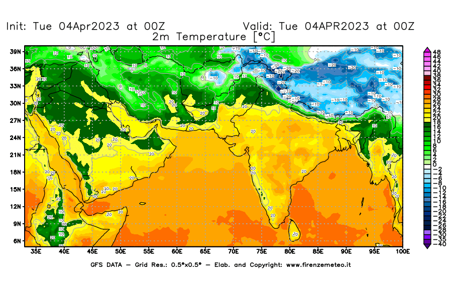 GFS analysi map - Temperature at 2 m above ground [°C] in South West Asia 
									on 04/04/2023 00 <!--googleoff: index-->UTC<!--googleon: index-->