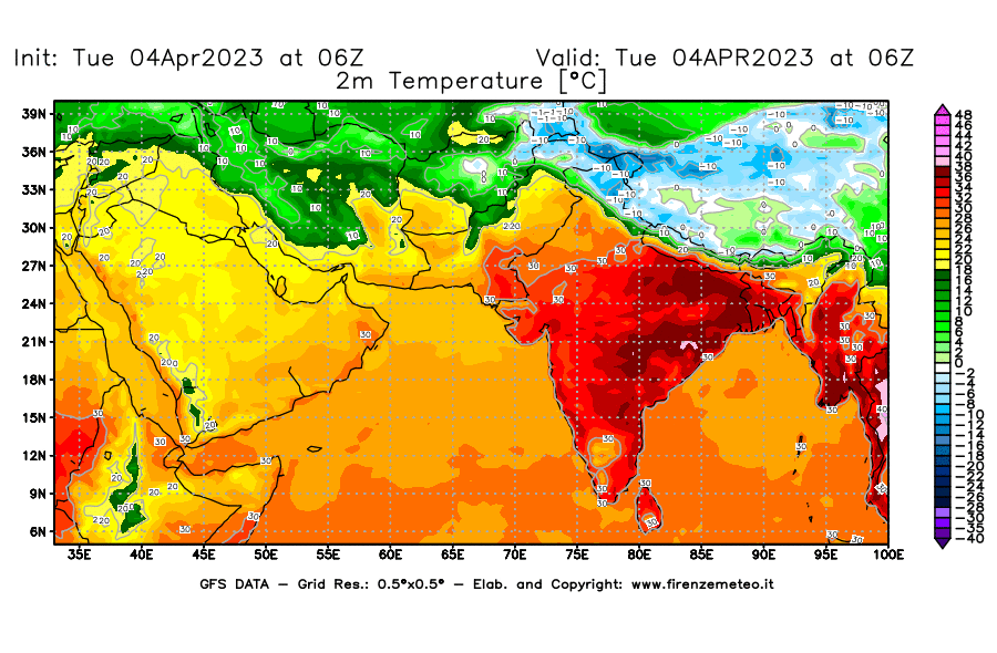 Mappa di analisi GFS - Temperatura a 2 metri dal suolo [°C] in Asia Sud-Occidentale
							del 04/04/2023 06 <!--googleoff: index-->UTC<!--googleon: index-->