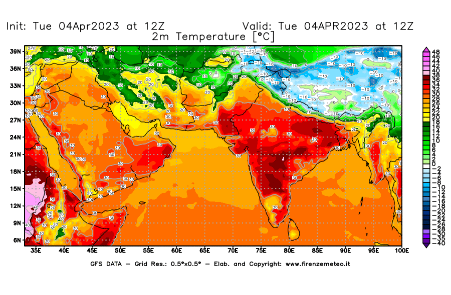 Mappa di analisi GFS - Temperatura a 2 metri dal suolo [°C] in Asia Sud-Occidentale
							del 04/04/2023 12 <!--googleoff: index-->UTC<!--googleon: index-->