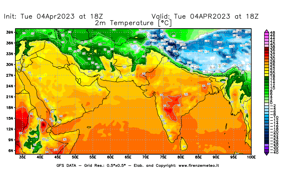 Mappa di analisi GFS - Temperatura a 2 metri dal suolo [°C] in Asia Sud-Occidentale
							del 04/04/2023 18 <!--googleoff: index-->UTC<!--googleon: index-->