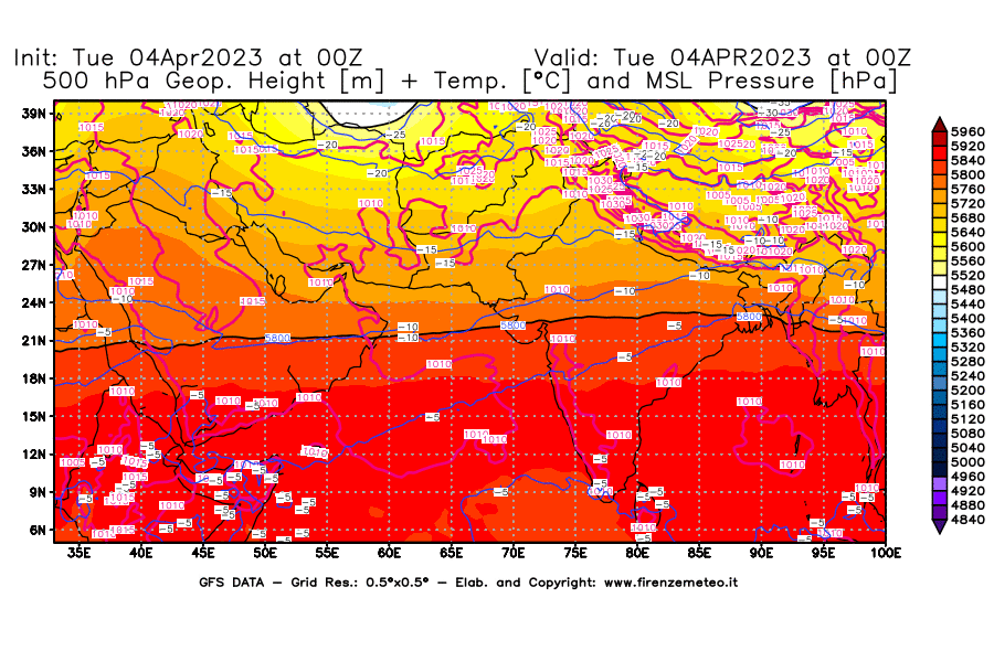 Mappa di analisi GFS - Geopotenziale [m] + Temp. [°C] a 500 hPa + Press. a livello del mare [hPa] in Asia Sud-Occidentale
							del 04/04/2023 00 <!--googleoff: index-->UTC<!--googleon: index-->