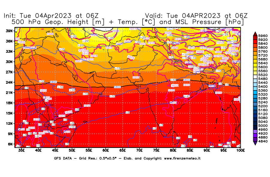 Mappa di analisi GFS - Geopotenziale [m] + Temp. [°C] a 500 hPa + Press. a livello del mare [hPa] in Asia Sud-Occidentale
							del 04/04/2023 06 <!--googleoff: index-->UTC<!--googleon: index-->