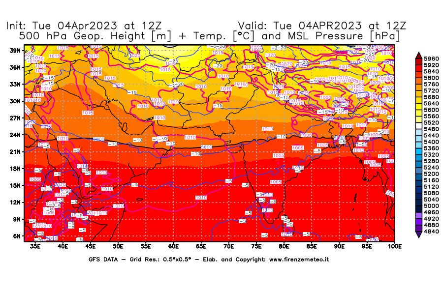 Mappa di analisi GFS - Geopotenziale [m] + Temp. [°C] a 500 hPa + Press. a livello del mare [hPa] in Asia Sud-Occidentale
							del 04/04/2023 12 <!--googleoff: index-->UTC<!--googleon: index-->