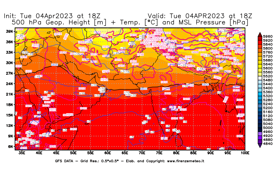 Mappa di analisi GFS - Geopotenziale [m] + Temp. [°C] a 500 hPa + Press. a livello del mare [hPa] in Asia Sud-Occidentale
							del 04/04/2023 18 <!--googleoff: index-->UTC<!--googleon: index-->