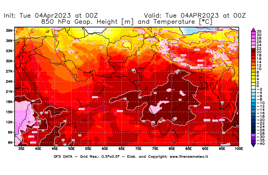 Mappa di analisi GFS - Geopotenziale [m] e Temperatura [°C] a 850 hPa in Asia Sud-Occidentale
							del 04/04/2023 00 <!--googleoff: index-->UTC<!--googleon: index-->