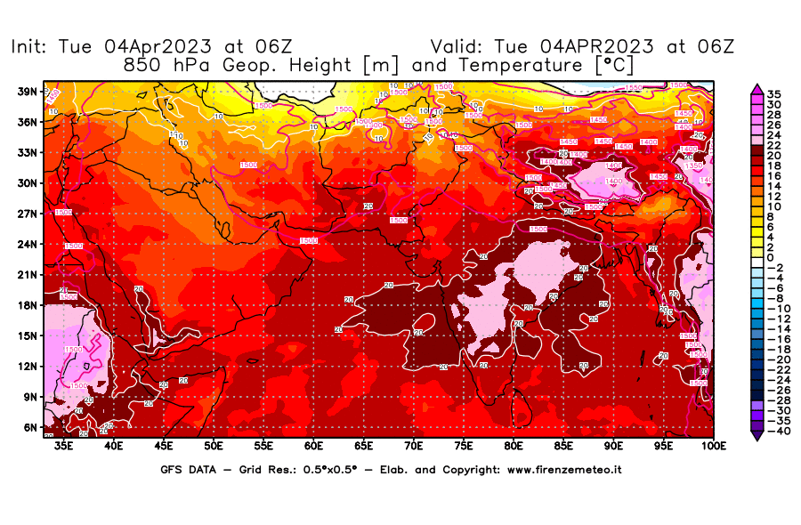 Mappa di analisi GFS - Geopotenziale [m] e Temperatura [°C] a 850 hPa in Asia Sud-Occidentale
							del 04/04/2023 06 <!--googleoff: index-->UTC<!--googleon: index-->