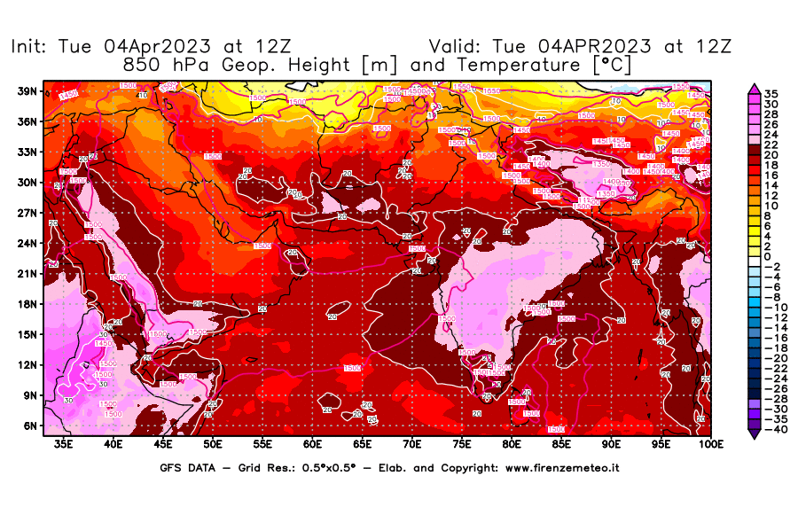 Mappa di analisi GFS - Geopotenziale [m] e Temperatura [°C] a 850 hPa in Asia Sud-Occidentale
							del 04/04/2023 12 <!--googleoff: index-->UTC<!--googleon: index-->