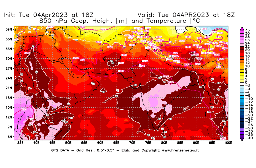 GFS analysi map - Geopotential [m] and Temperature [°C] at 850 hPa in South West Asia 
									on 04/04/2023 18 <!--googleoff: index-->UTC<!--googleon: index-->