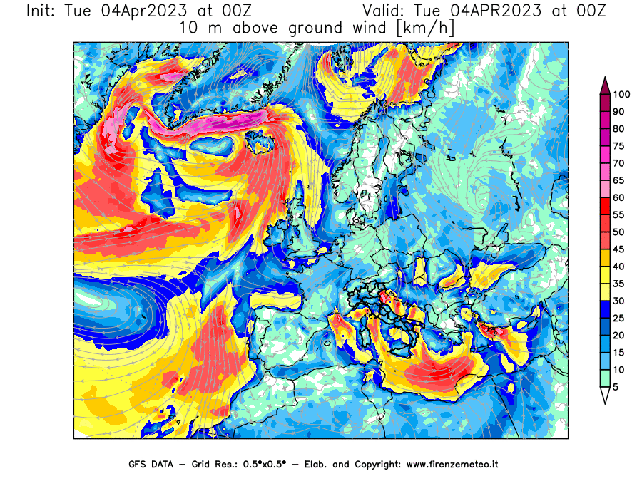 Mappa di analisi GFS - Velocità del vento a 10 metri dal suolo [km/h] in Europa
							del 04/04/2023 00 <!--googleoff: index-->UTC<!--googleon: index-->