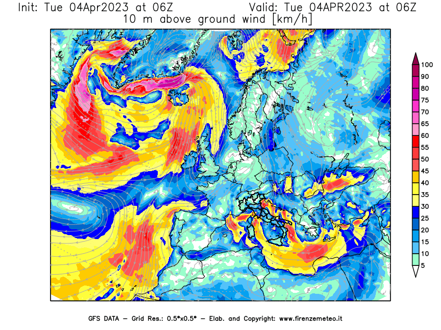 Mappa di analisi GFS - Velocità del vento a 10 metri dal suolo [km/h] in Europa
							del 04/04/2023 06 <!--googleoff: index-->UTC<!--googleon: index-->