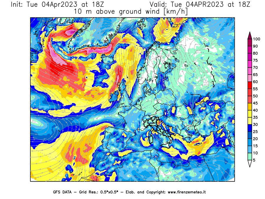GFS analysi map - Wind Speed at 10 m above ground [km/h] in Europe
									on 04/04/2023 18 <!--googleoff: index-->UTC<!--googleon: index-->