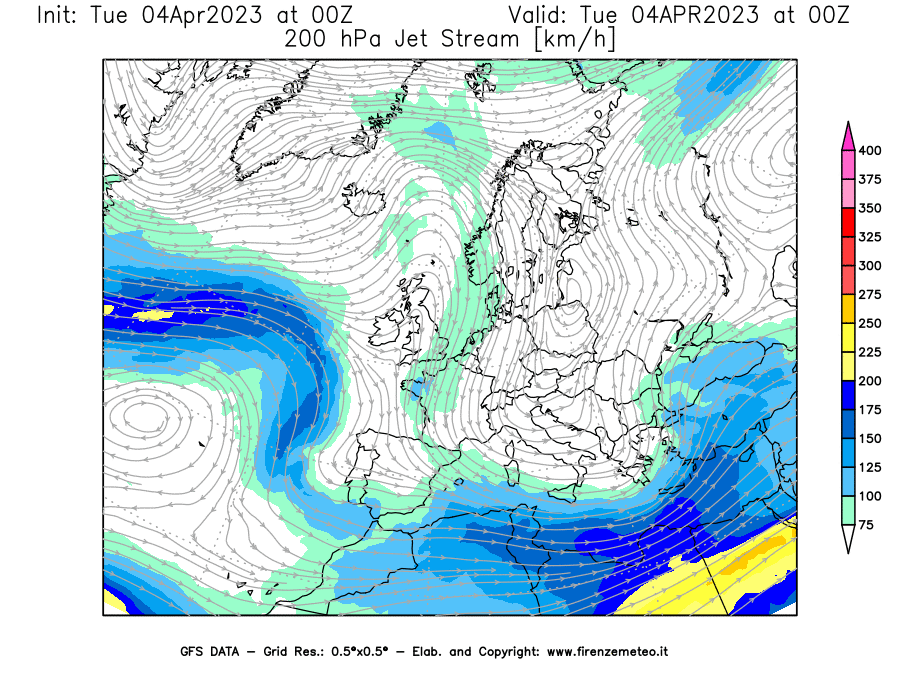 GFS analysi map - Jet Stream at 200 hPa in Europe
									on 04/04/2023 00 <!--googleoff: index-->UTC<!--googleon: index-->
