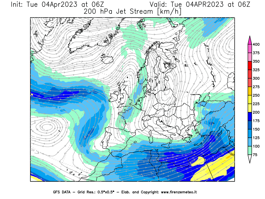 Mappa di analisi GFS - Jet Stream a 200 hPa in Europa
							del 04/04/2023 06 <!--googleoff: index-->UTC<!--googleon: index-->