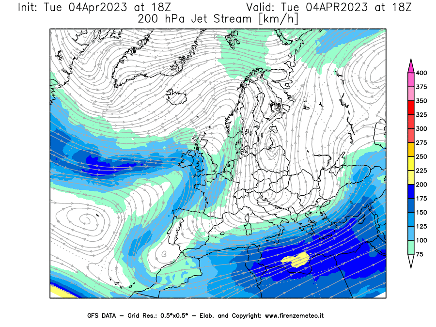 GFS analysi map - Jet Stream at 200 hPa in Europe
									on 04/04/2023 18 <!--googleoff: index-->UTC<!--googleon: index-->