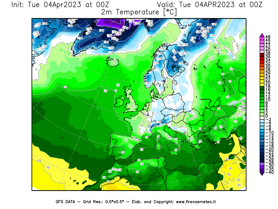 GFS analysi map - Temperature at 2 m above ground [°C] in Europe
									on 04/04/2023 00 <!--googleoff: index-->UTC<!--googleon: index-->