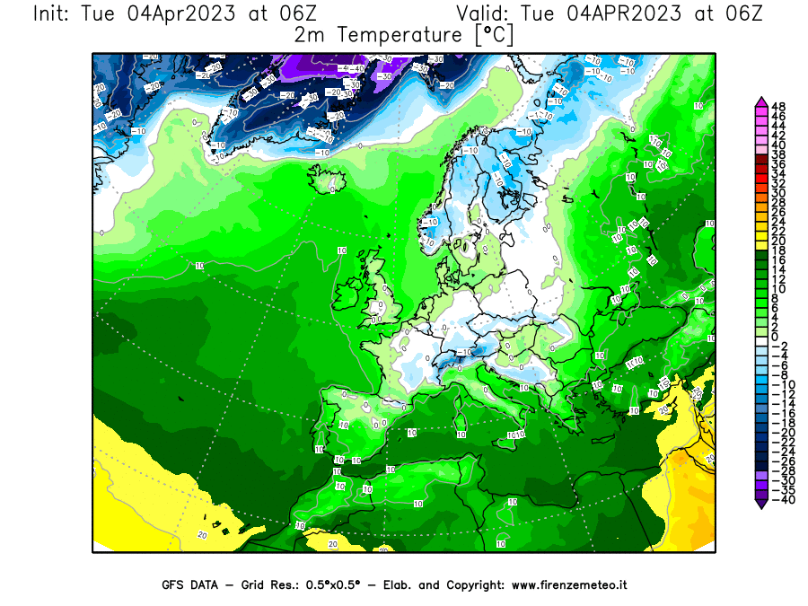 Mappa di analisi GFS - Temperatura a 2 metri dal suolo [°C] in Europa
							del 04/04/2023 06 <!--googleoff: index-->UTC<!--googleon: index-->