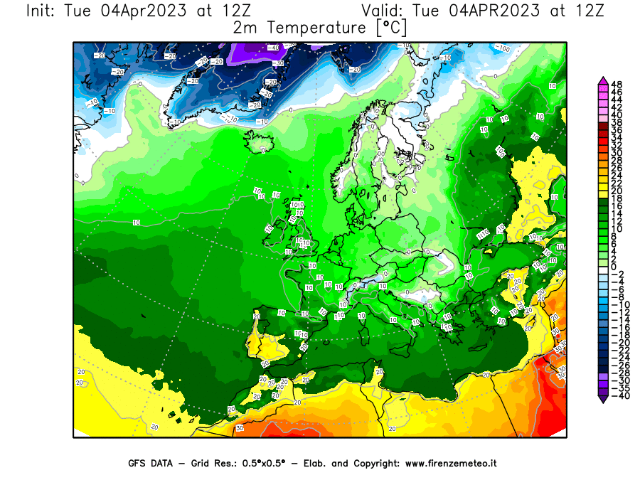 Mappa di analisi GFS - Temperatura a 2 metri dal suolo [°C] in Europa
							del 04/04/2023 12 <!--googleoff: index-->UTC<!--googleon: index-->