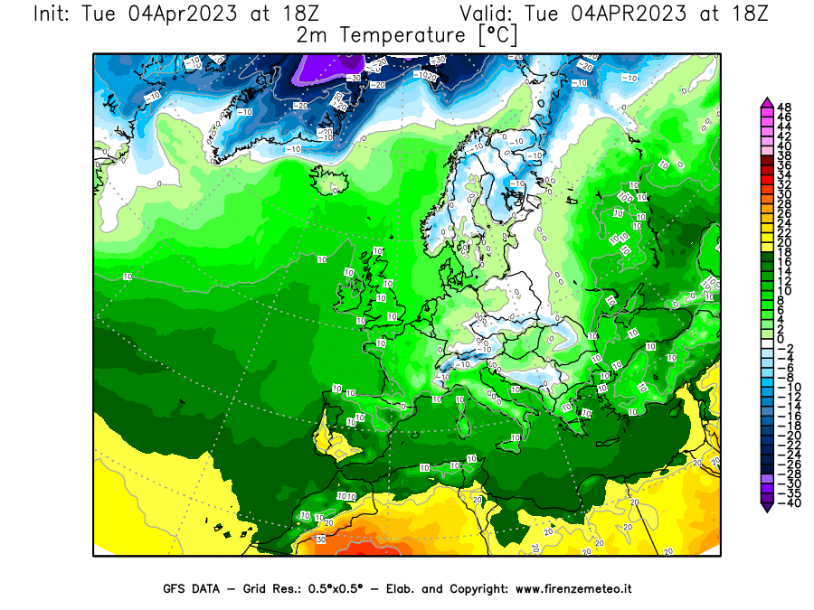 Mappa di analisi GFS - Temperatura a 2 metri dal suolo [°C] in Europa
							del 04/04/2023 18 <!--googleoff: index-->UTC<!--googleon: index-->