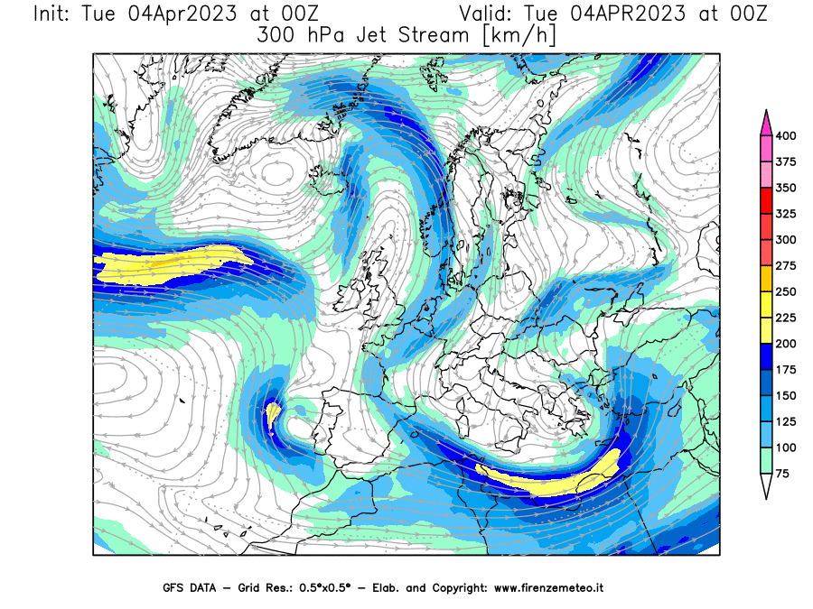 GFS analysi map - Jet Stream at 300 hPa in Europe
									on 04/04/2023 00 <!--googleoff: index-->UTC<!--googleon: index-->