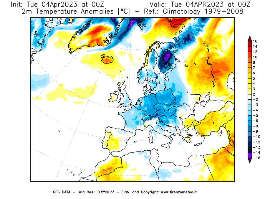 GFS analysi map - Temperature Anomalies [°C] at 2 m in Europe
									on 04/04/2023 00 <!--googleoff: index-->UTC<!--googleon: index-->