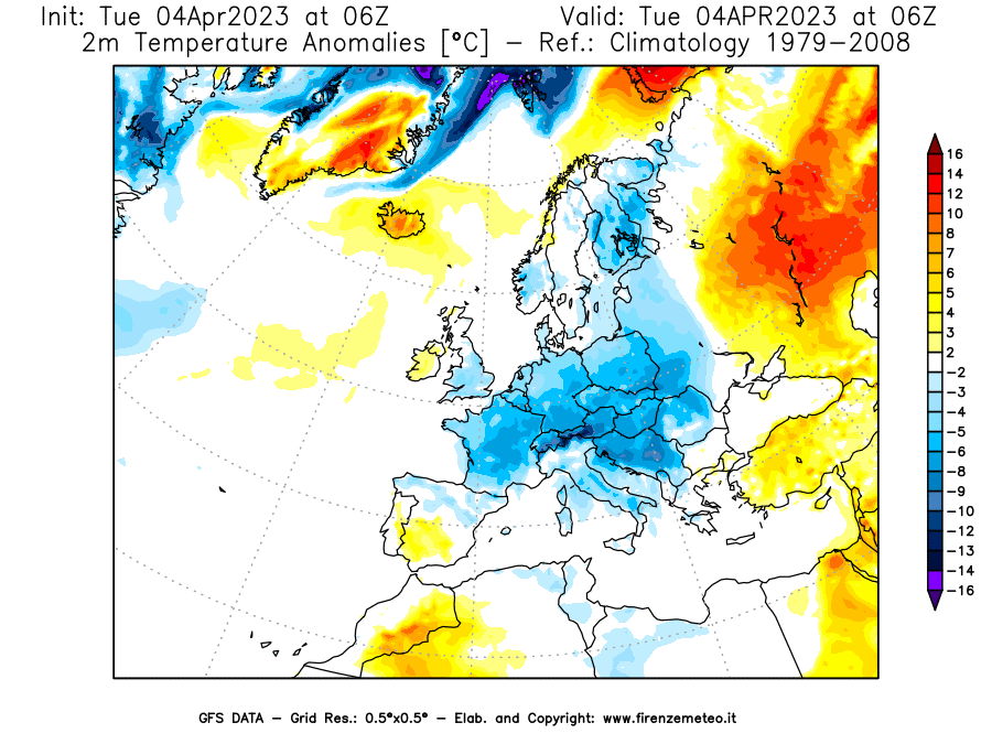 Mappa di analisi GFS - Anomalia Temperatura [°C] a 2 m in Europa
							del 04/04/2023 06 <!--googleoff: index-->UTC<!--googleon: index-->
