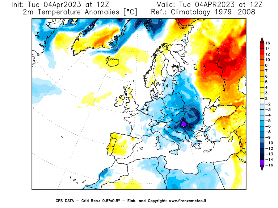 GFS analysi map - Temperature Anomalies [°C] at 2 m in Europe
									on 04/04/2023 12 <!--googleoff: index-->UTC<!--googleon: index-->