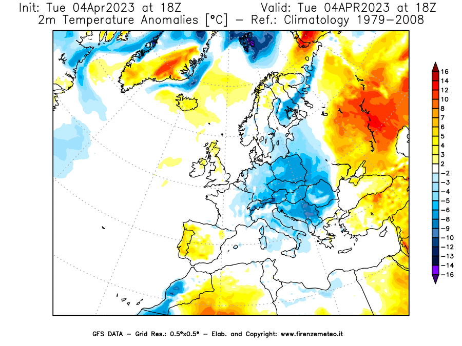 Mappa di analisi GFS - Anomalia Temperatura [°C] a 2 m in Europa
							del 04/04/2023 18 <!--googleoff: index-->UTC<!--googleon: index-->