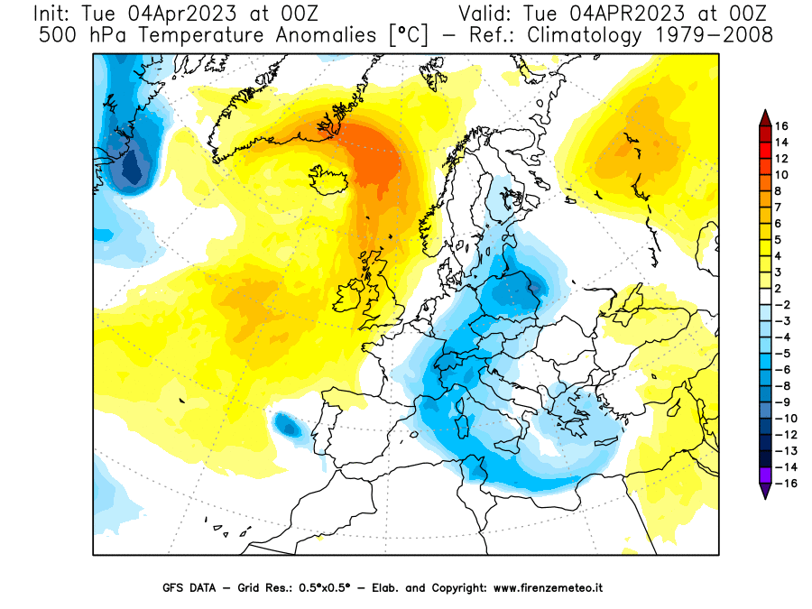 Mappa di analisi GFS - Anomalia Temperatura [°C] a 500 hPa in Europa
							del 04/04/2023 00 <!--googleoff: index-->UTC<!--googleon: index-->