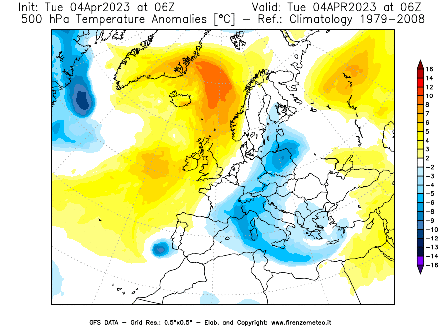 Mappa di analisi GFS - Anomalia Temperatura [°C] a 500 hPa in Europa
							del 04/04/2023 06 <!--googleoff: index-->UTC<!--googleon: index-->