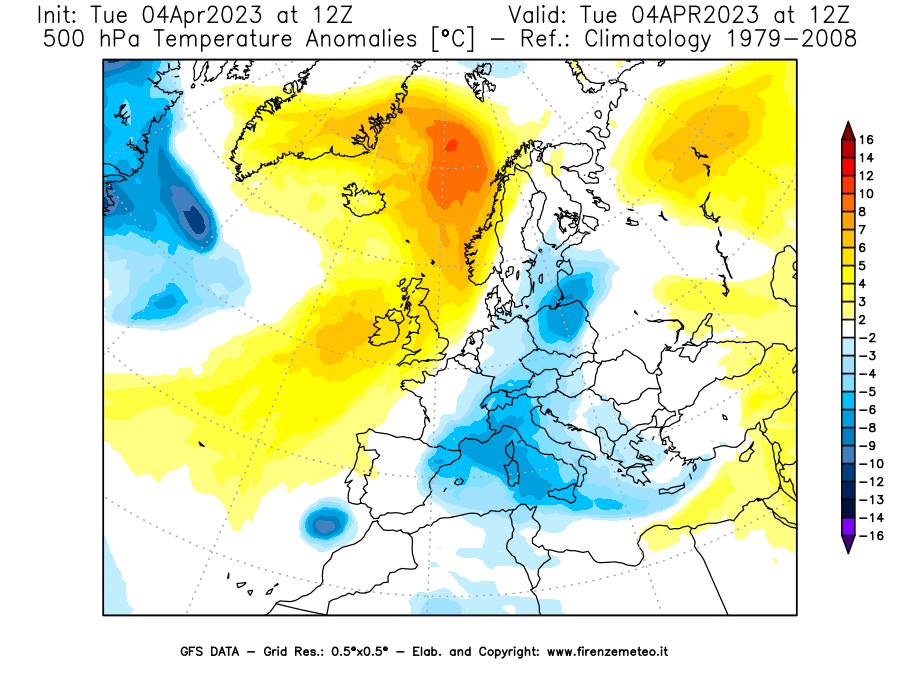 Mappa di analisi GFS - Anomalia Temperatura [°C] a 500 hPa in Europa
							del 04/04/2023 12 <!--googleoff: index-->UTC<!--googleon: index-->