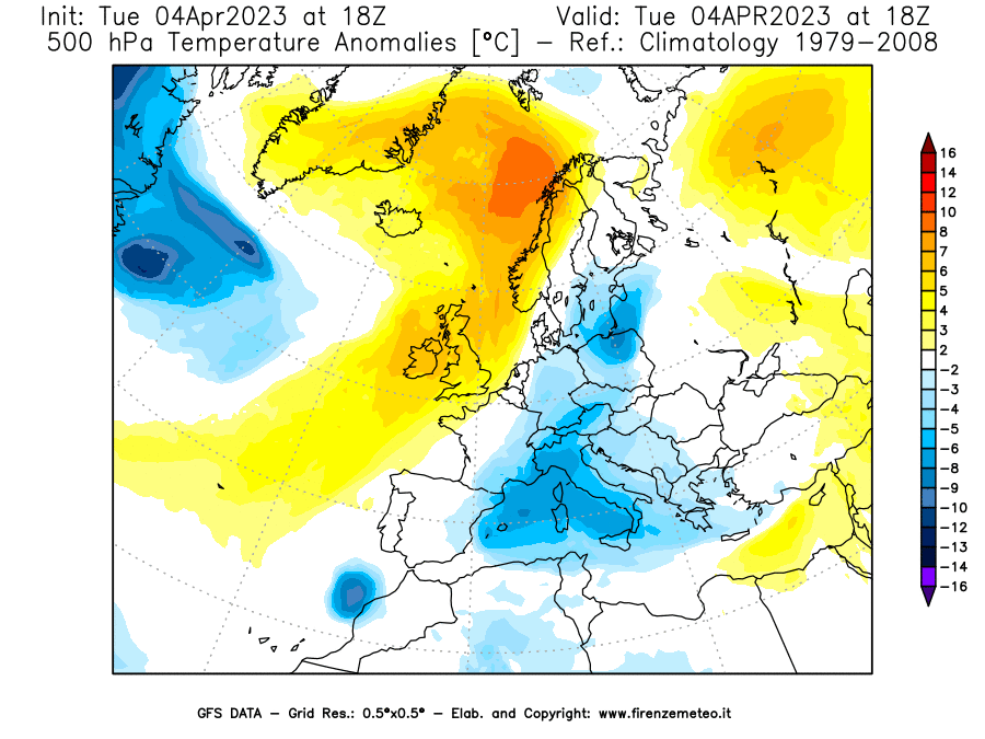 Mappa di analisi GFS - Anomalia Temperatura [°C] a 500 hPa in Europa
							del 04/04/2023 18 <!--googleoff: index-->UTC<!--googleon: index-->