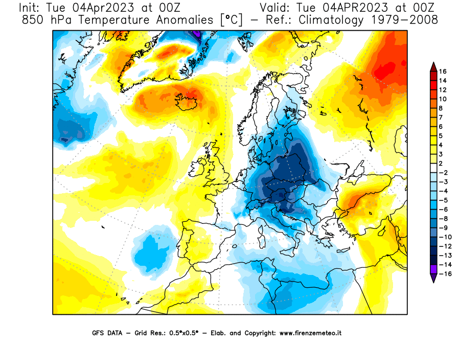 GFS analysi map - Temperature Anomalies [°C] at 850 hPa in Europe
									on 04/04/2023 00 <!--googleoff: index-->UTC<!--googleon: index-->