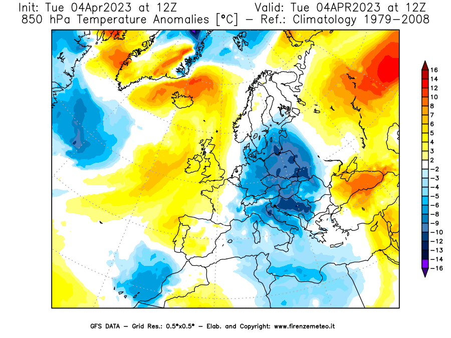 Mappa di analisi GFS - Anomalia Temperatura [°C] a 850 hPa in Europa
							del 04/04/2023 12 <!--googleoff: index-->UTC<!--googleon: index-->