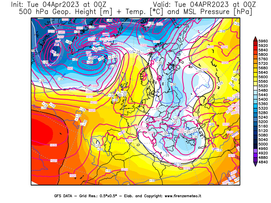 GFS analysi map - Geopotential [m] + Temp. [°C] at 500 hPa + Sea Level Pressure [hPa] in Europe
									on 04/04/2023 00 <!--googleoff: index-->UTC<!--googleon: index-->