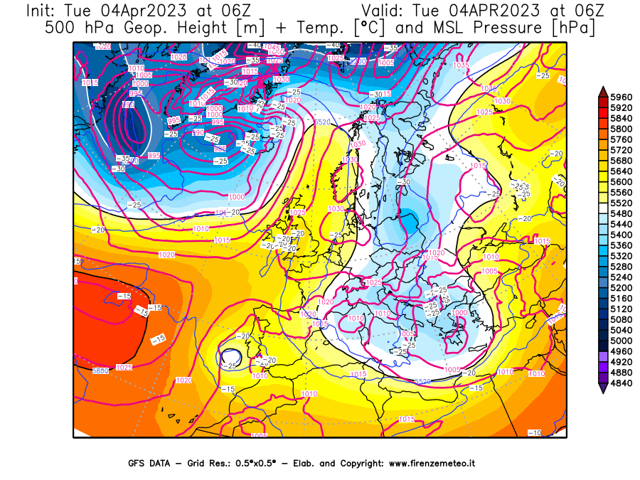 GFS analysi map - Geopotential [m] + Temp. [°C] at 500 hPa + Sea Level Pressure [hPa] in Europe
									on 04/04/2023 06 <!--googleoff: index-->UTC<!--googleon: index-->