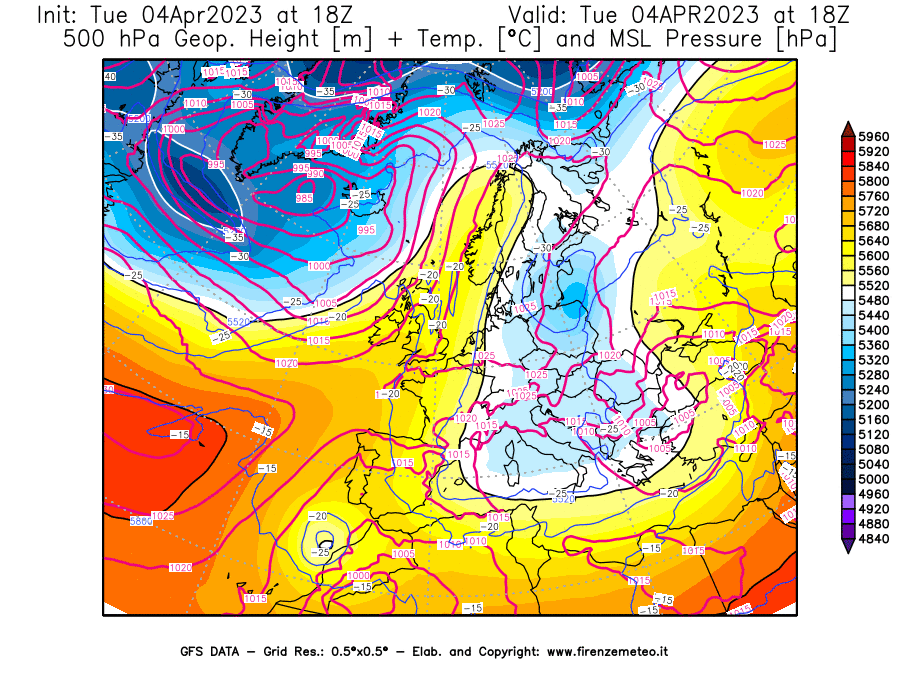 GFS analysi map - Geopotential [m] + Temp. [°C] at 500 hPa + Sea Level Pressure [hPa] in Europe
									on 04/04/2023 18 <!--googleoff: index-->UTC<!--googleon: index-->