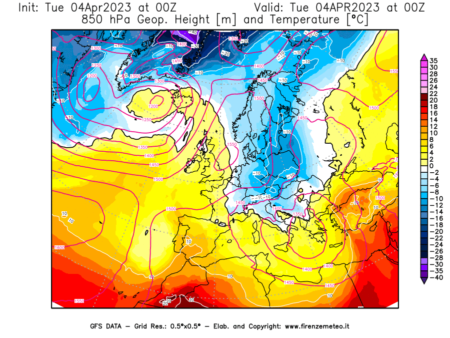 GFS analysi map - Geopotential [m] and Temperature [°C] at 850 hPa in Europe
									on 04/04/2023 00 <!--googleoff: index-->UTC<!--googleon: index-->