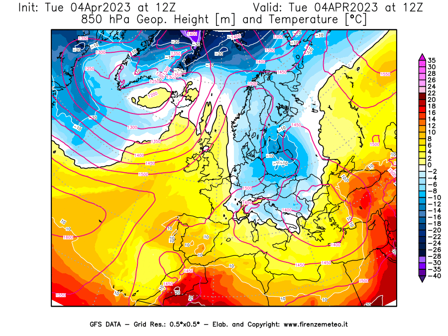 GFS analysi map - Geopotential [m] and Temperature [°C] at 850 hPa in Europe
									on 04/04/2023 12 <!--googleoff: index-->UTC<!--googleon: index-->