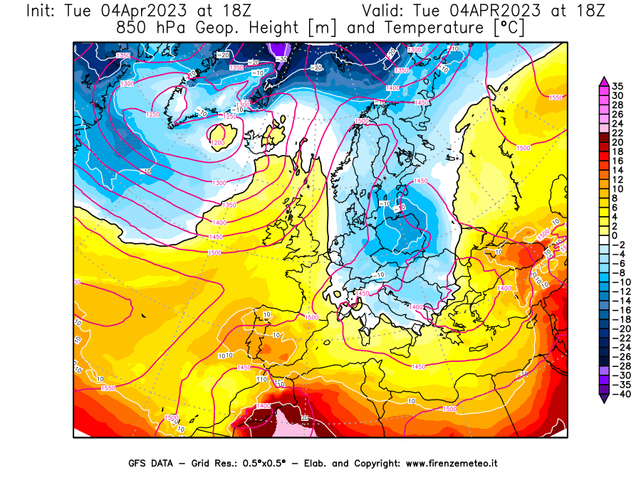 GFS analysi map - Geopotential [m] and Temperature [°C] at 850 hPa in Europe
									on 04/04/2023 18 <!--googleoff: index-->UTC<!--googleon: index-->