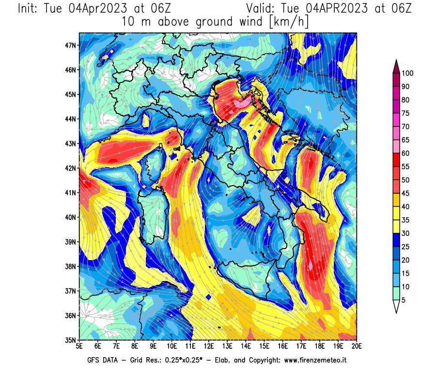 GFS analysi map - Wind Speed at 10 m above ground [km/h] in Italy
									on 04/04/2023 06 <!--googleoff: index-->UTC<!--googleon: index-->