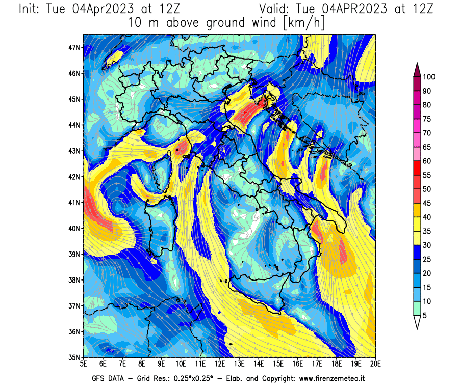 Mappa di analisi GFS - Velocità del vento a 10 metri dal suolo [km/h] in Italia
							del 04/04/2023 12 <!--googleoff: index-->UTC<!--googleon: index-->