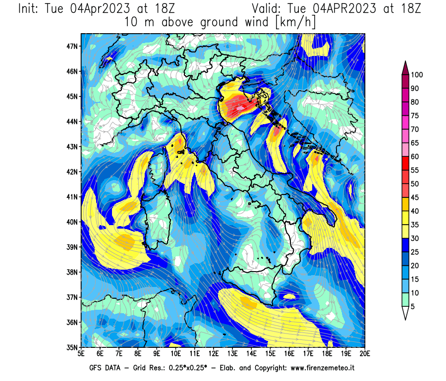 GFS analysi map - Wind Speed at 10 m above ground [km/h] in Italy
									on 04/04/2023 18 <!--googleoff: index-->UTC<!--googleon: index-->