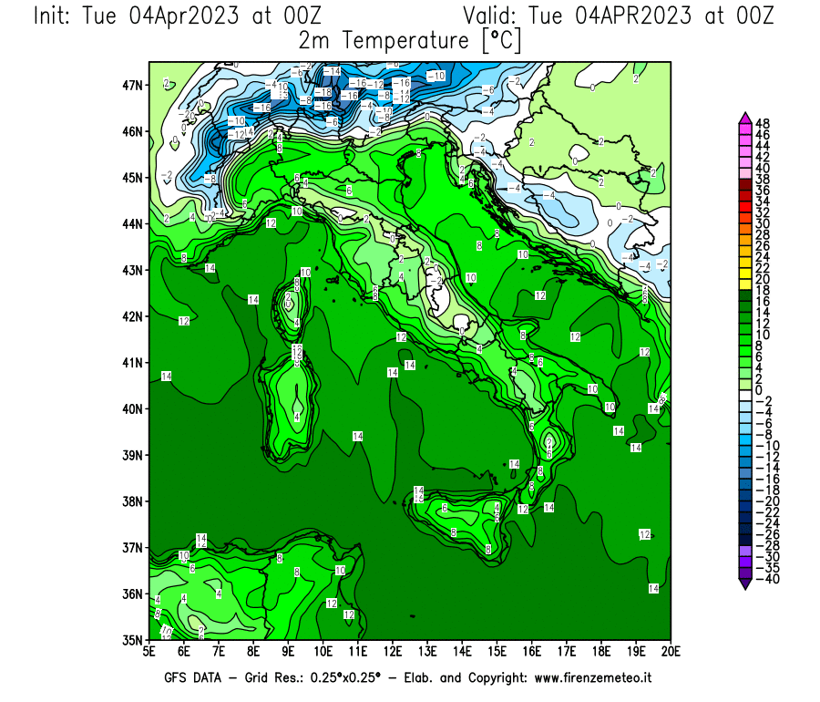Mappa di analisi GFS - Temperatura a 2 metri dal suolo [°C] in Italia
							del 04/04/2023 00 <!--googleoff: index-->UTC<!--googleon: index-->